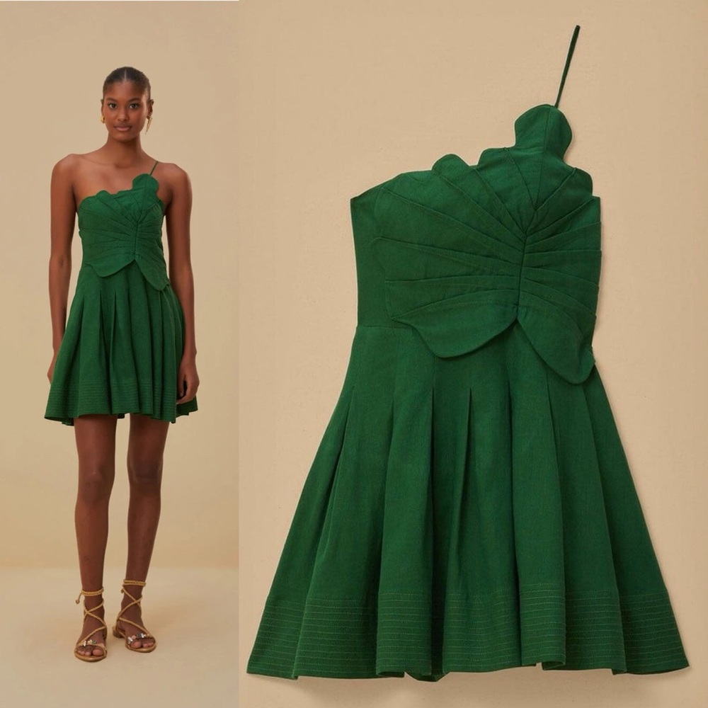 Farm Rio One-Shoulder Lea Mini Dress Green Linen Blend Size Medium - Picture 14 of 16